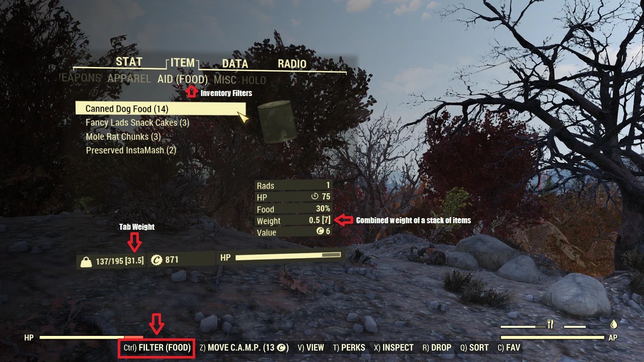 A modded inventory in Fallout 76.