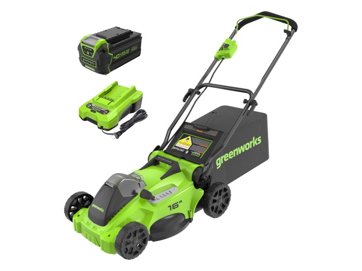 The Greenworks 16-inch cordless lawn mower, battery and charger against a white background.