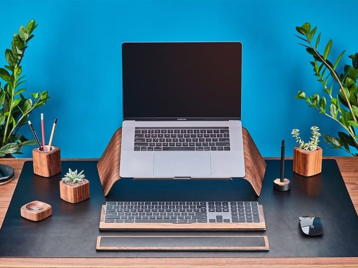 The Grovemade Wood Laptop Stand with other Grovemade desk supplies.