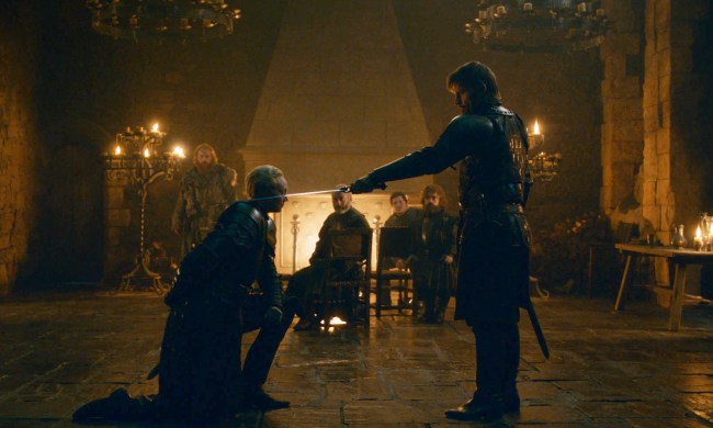 Jamie knights Brienne in episode 2 of Game of Thrones season 8.