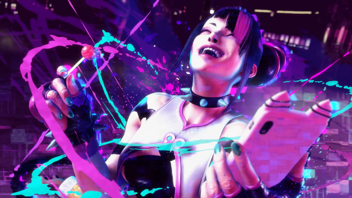 Juri laughing with lolipop and phone in hand during her victory pose in Street Fighter 6.