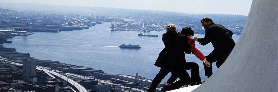 Multiple Men Fighting on the Space Needle in the movie The Parallax View (1974)