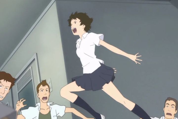 Makoto jumping in a hallway in The Girl Who Leapt Through Time
