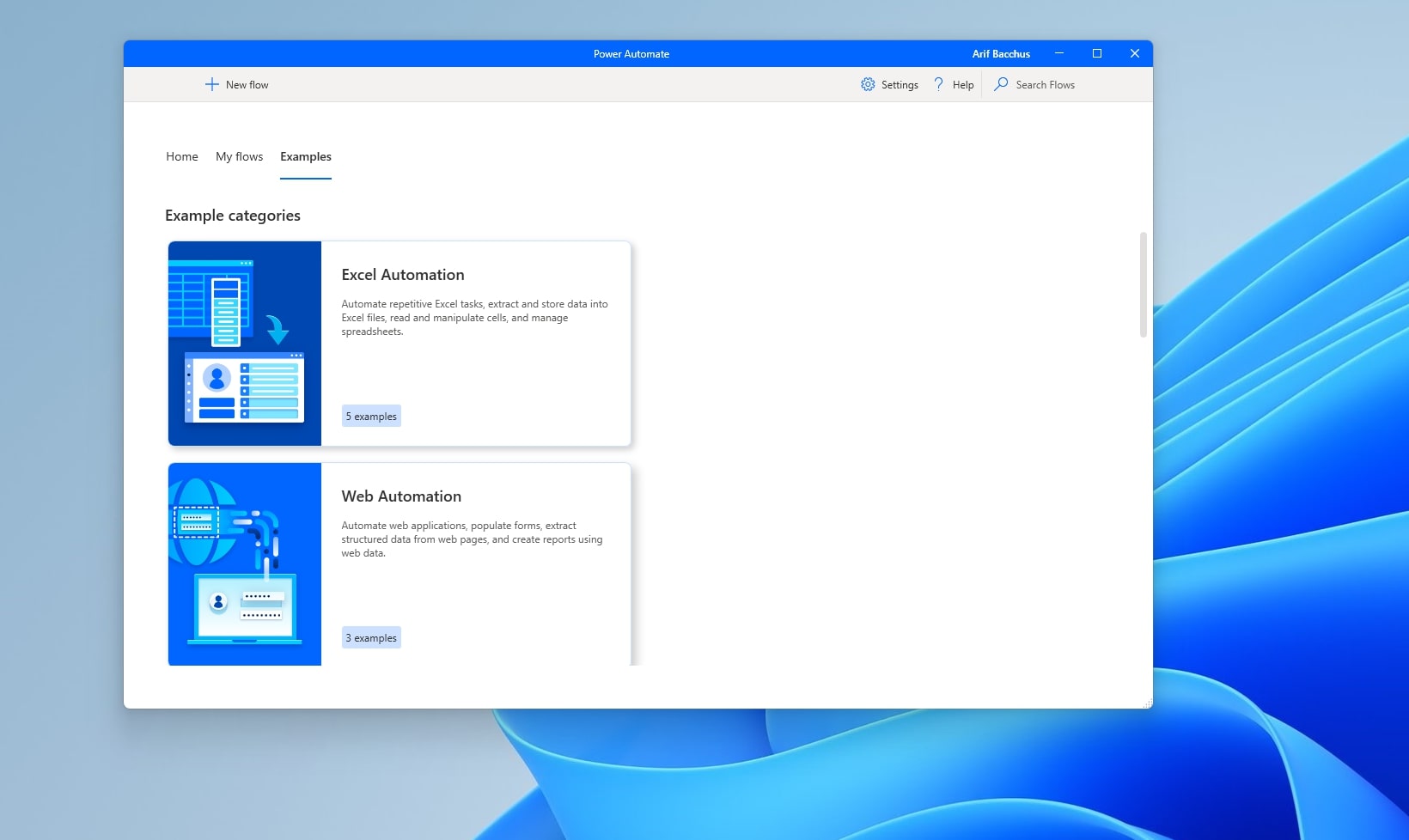 A screenshot of sample desktop workflows in power Automate in Windows 11