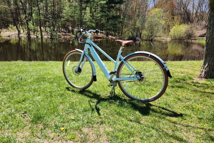 Priority Bicycles e-Classic Plus 电动自行车左侧面照片停在池塘边的草地上，背景是树木。
