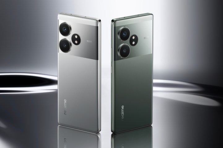 Digital renders of the Realme GT Neo 6 SE in silver and reflextive green finish.