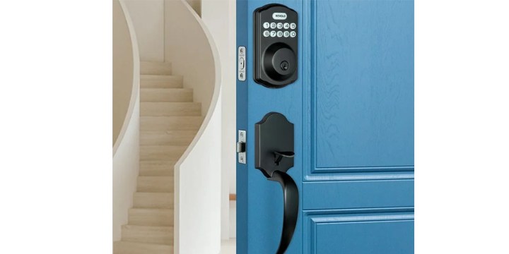 A Revolo Keyless Entry Door Lock with Handle Set on a door frame.