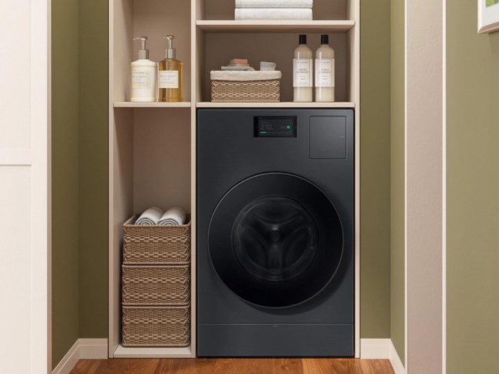 The Samsung Bespoke AI Laundry Combo washer and dryer in a laundry room.