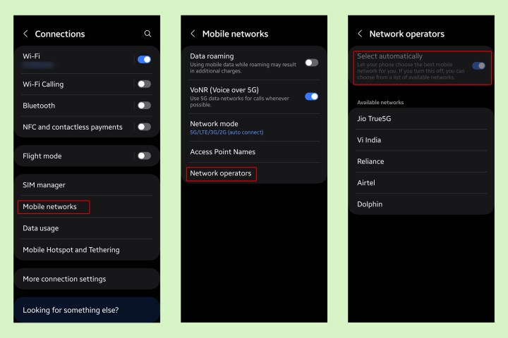 Samsung Galaxy One UI Network operator settings.