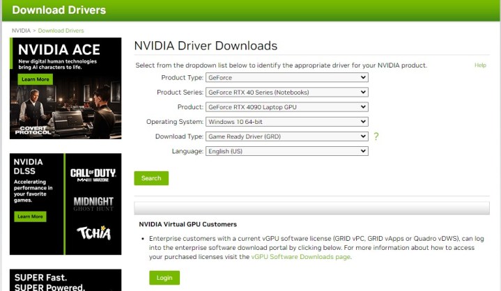 Nvidia'nın sürücü indirme sitesi.