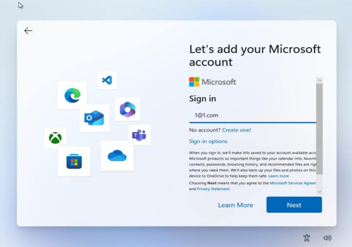 A screenshot of the sign in with Microsoft Account page on Windows 11