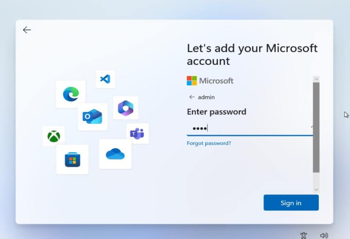 A screenshot of the Microsoft Account login page on Windows 11 showing a password