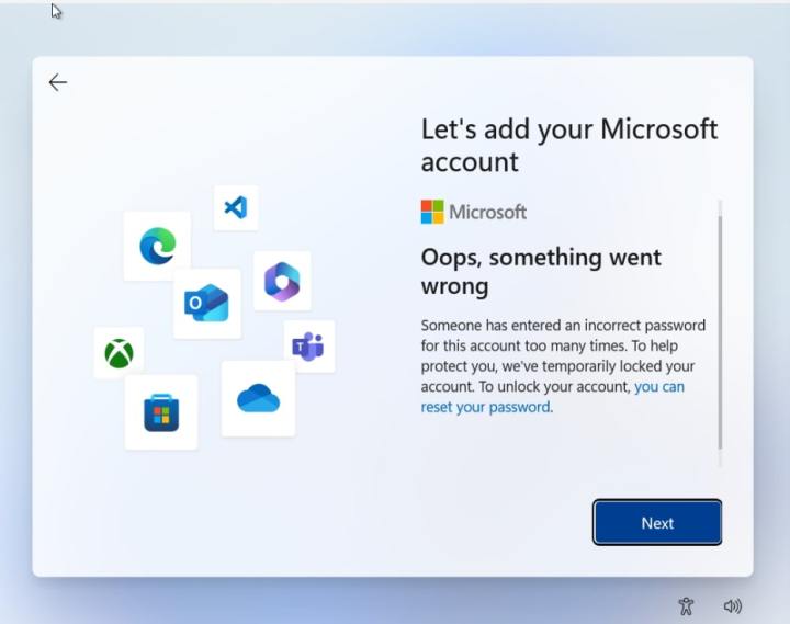 A screenshot of Microsoft Account going wrong on Windows 11