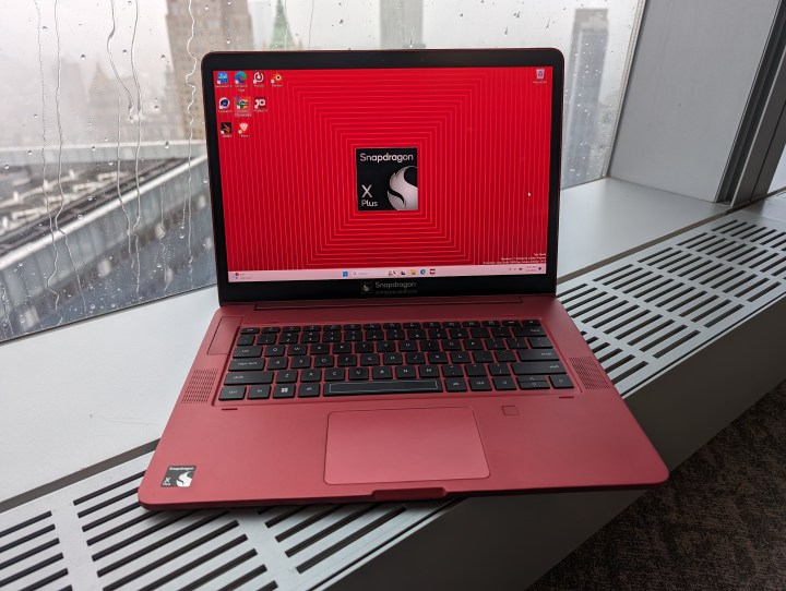 A photo of a laptop with the Snapdragon X Plus CPU.