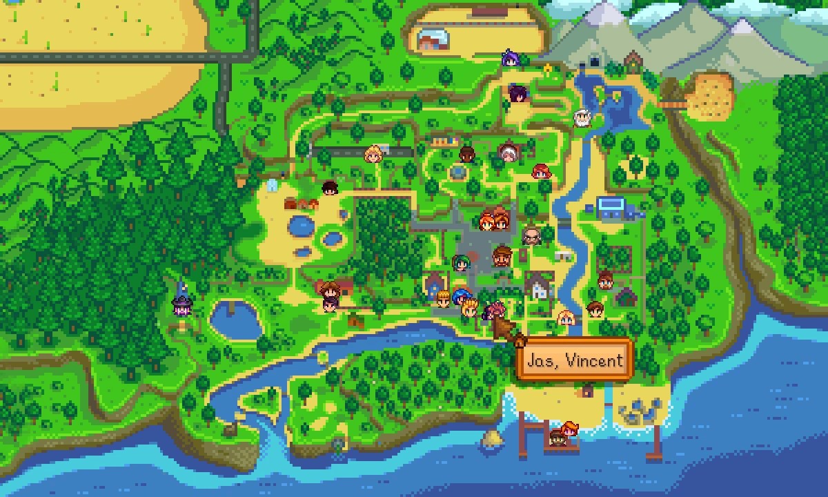 A map with NPC faces in Stardew Valley.