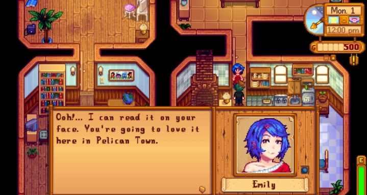 艾米丽在《星露谷物语》中与玩家交谈。