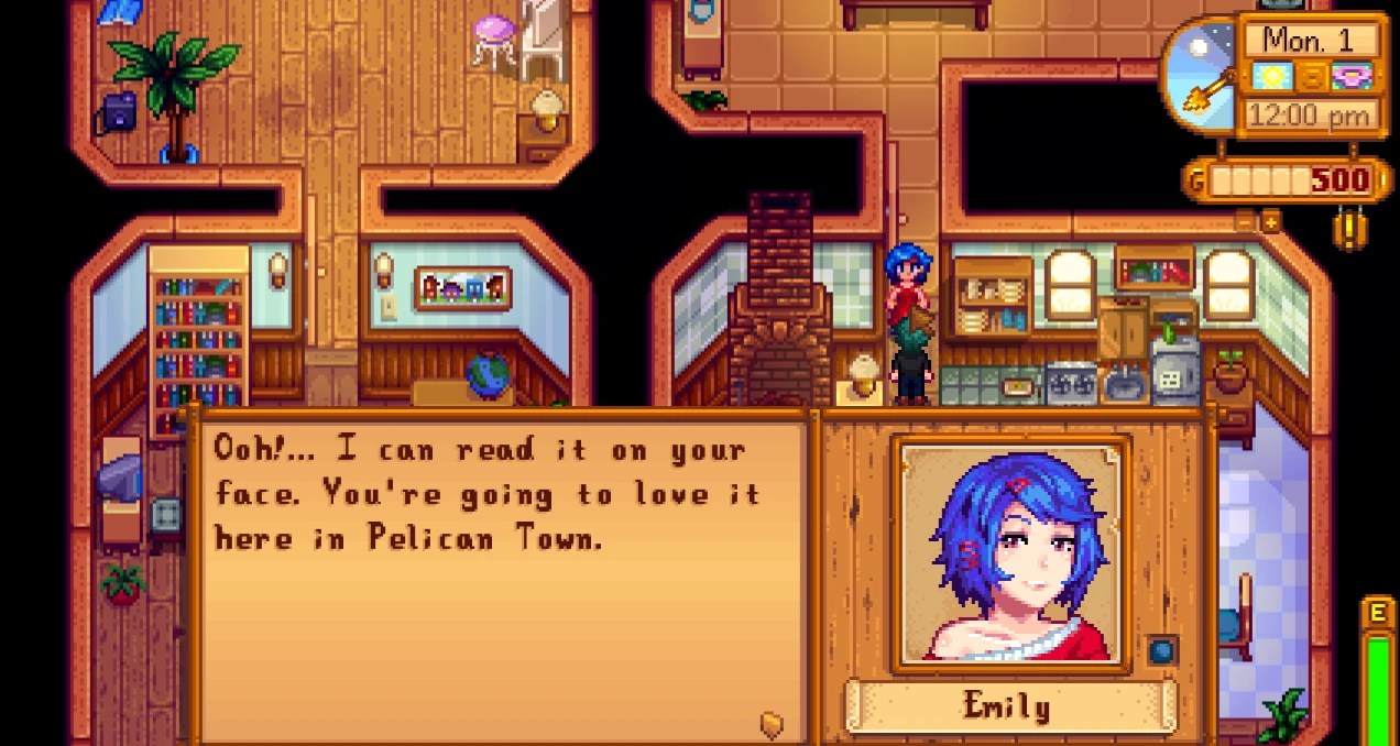 Emily talking to the player in Stardew Valley.