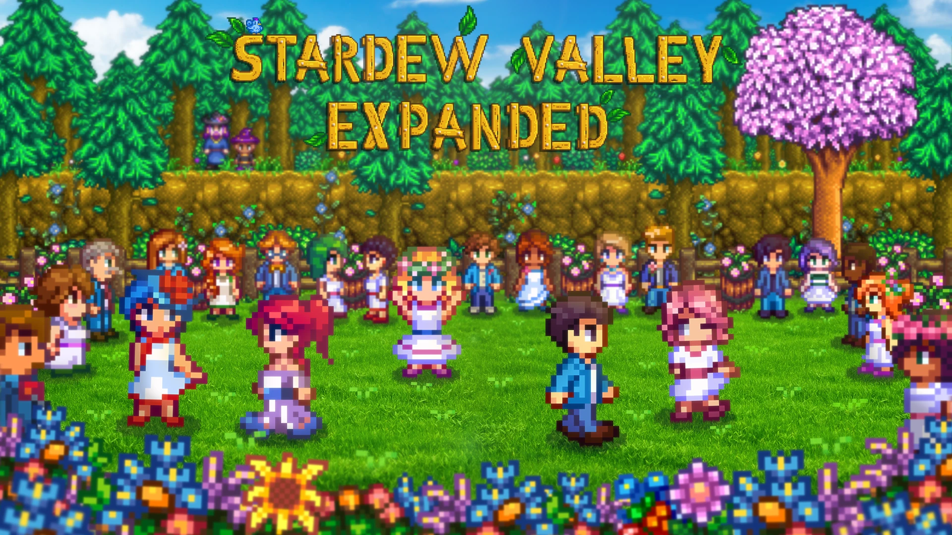 A bunch of villagers in a flowery field in Stardew Valley.