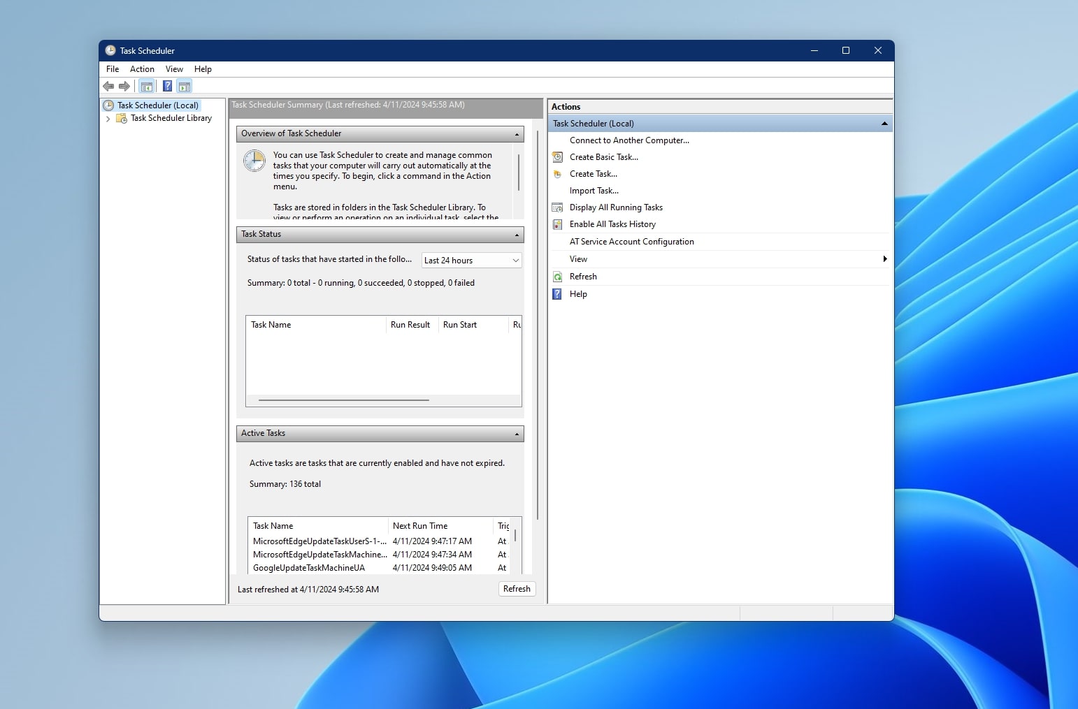 A screenshot of the main Task Scheduler app on Windows 11