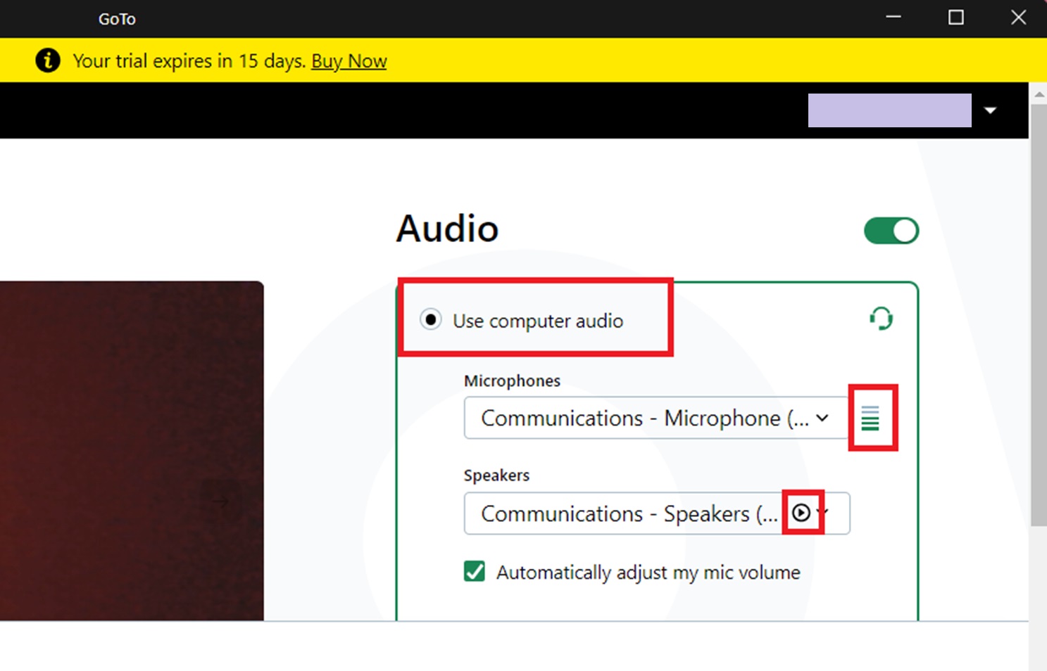 Testing speakers and microphone in GoTo Meeting desktop app.