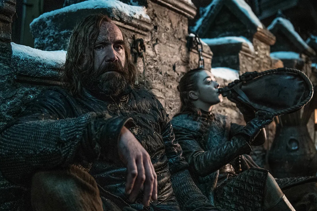 The Hound sits with Arya in episode 2 of Game of Thrones season 8.