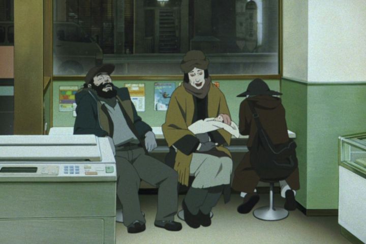 Three characters sitting down, with one of them holding a baby in Tokyo Godfathers.
