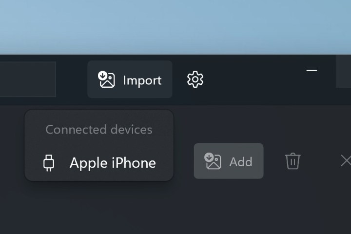 Windows 11 Photos app Import button for iPhone.