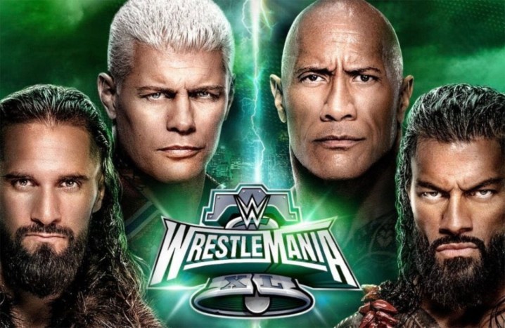Seth Rollins, Cody Rhodes, The Rock, and Roman Reigns in promo art for Wrestlemania 40.