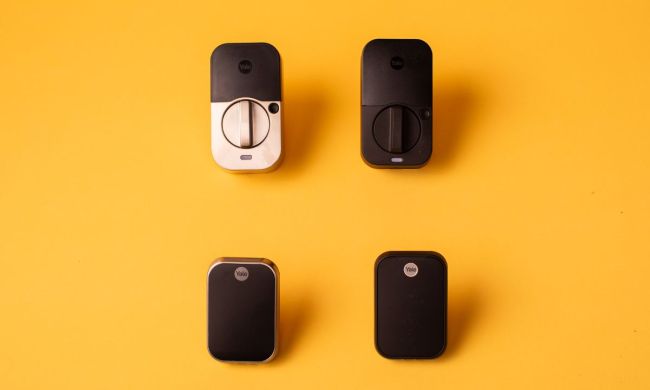 Several Yale Assure Lock 2 Touch models on a yellow background.