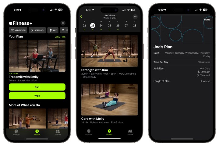 Screenshots of the Custom Plans feature for Apple Fitness Plus.