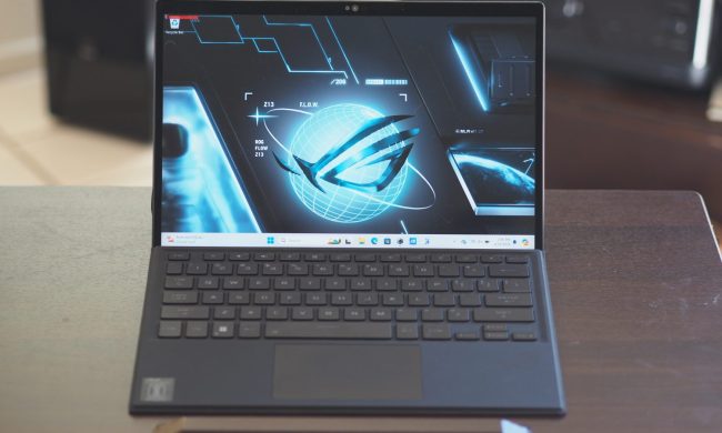 Asus Rog Flow Z23 front view showing tablet and keyboard.