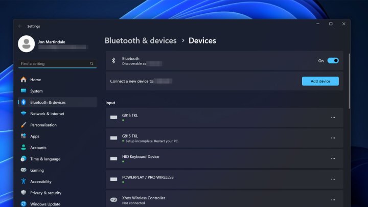 Toggling Bluetooth to on in Windows 11.