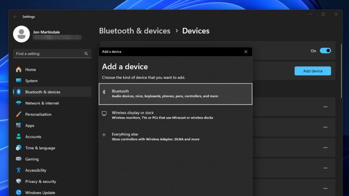 Adding a new Bluetooth device in Windows 11.