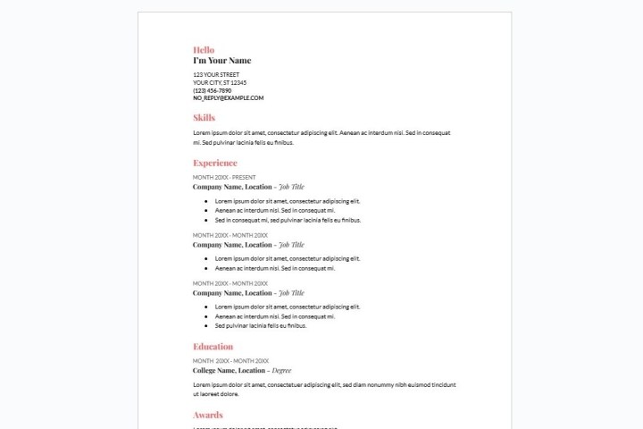 Coral resume template.