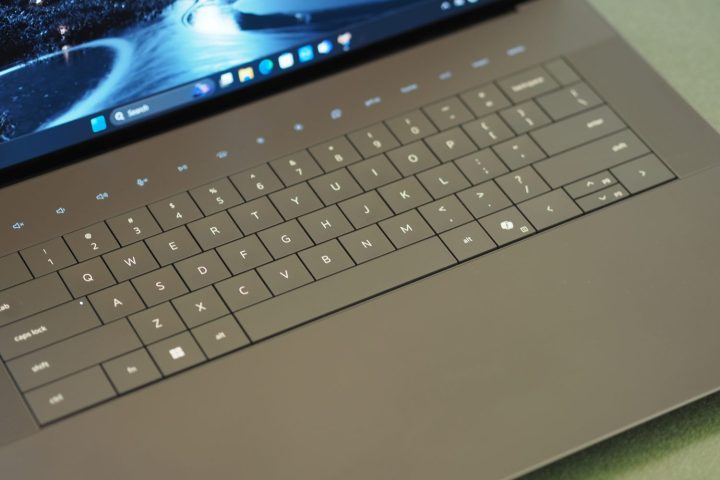 Dell XPS 16 top down view showing keyboard and palmrest.