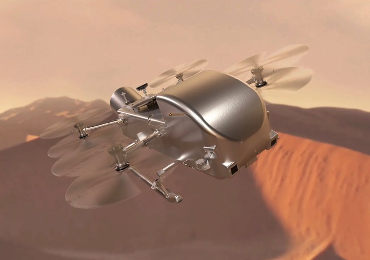 Impresión artística del dron Dragonfly de la NASA.