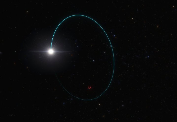 Los astrónomos han encontrado el agujero negro estelar más masivo de nuestra galaxia, gracias al movimiento de bamboleo que induce en una estrella compañera. Esta impresión artística muestra las órbitas tanto de la estrella como del agujero negro, denominado Gaia BH3, alrededor de su centro de masa común. Este bamboleo se midió durante varios años con la misión Gaia de la Agencia Espacial Europea. Datos adicionales de otros telescopios, incluido el Very Large Telescope de ESO en Chile, confirmaron que la masa de este agujero negro es 33 veces mayor que la de nuestro Sol. La composición química de la estrella compañera sugiere que el agujero negro se formó después del colapso de una estrella masiva con muy pocos elementos pesados, o metales, como predice la teoría.