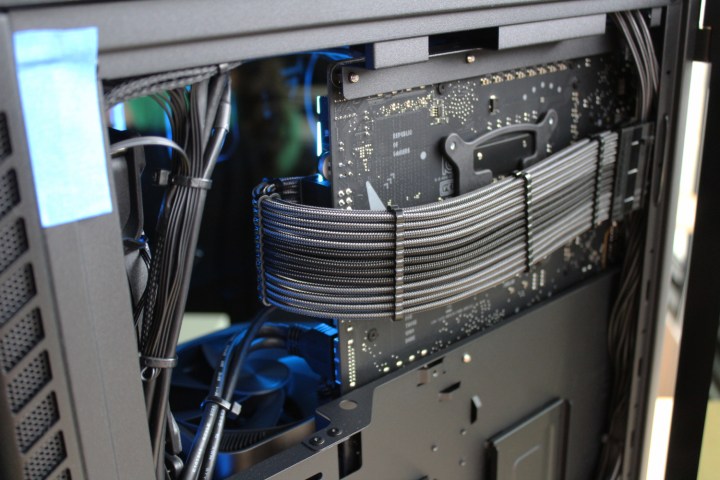 Cables tied around the back of the motherboard in the Falcon NW Talon.