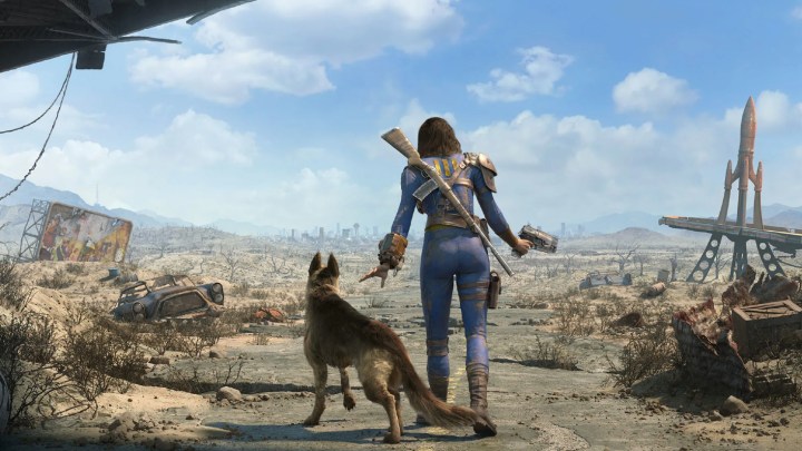 A woman and a dog leaving a vault in Fallout 4.