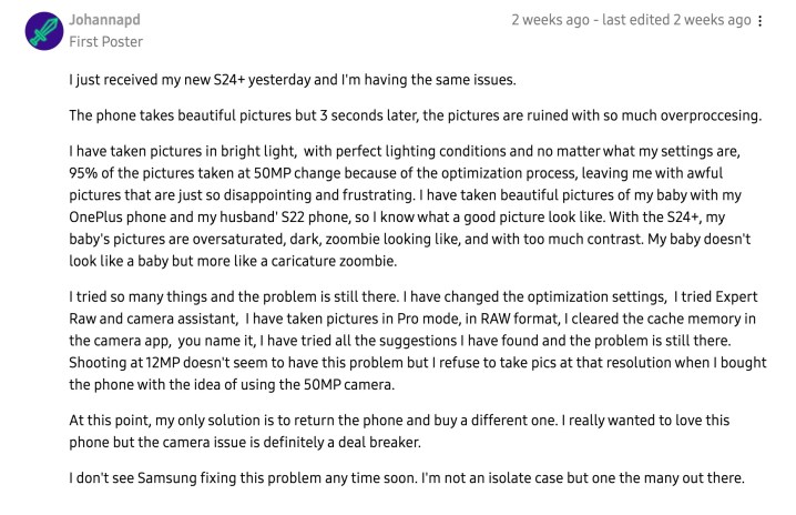 Publicación en el foro sobre una cámara defectuosa en Samsung Galaxy S24.