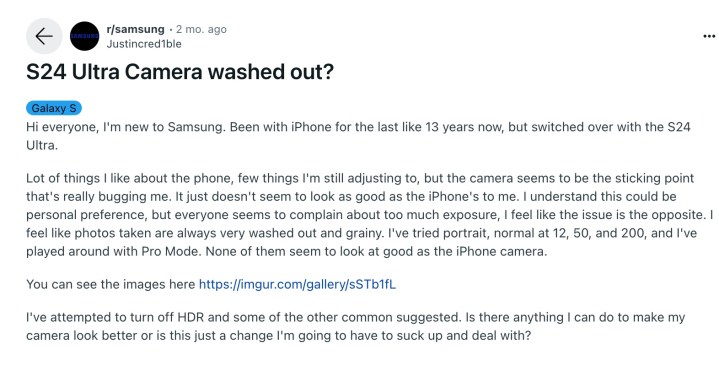 Complaint regarding Samsung Galaxy S24 Ultra camera.