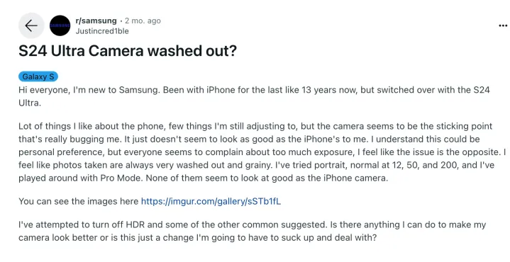 Queja sobre la cámara del Samsung Galaxy S24 Ultra.