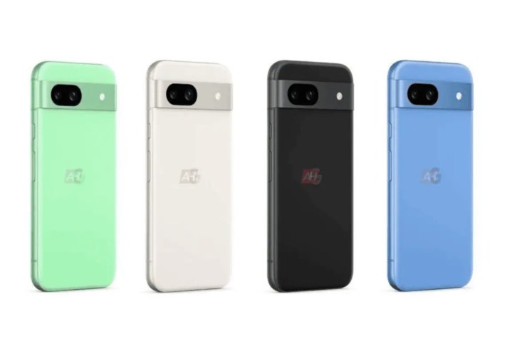 Renders of the Google Pixel 8a, showing the phone in four colors: Mint, Porcelain, Obsidian, and Bay.