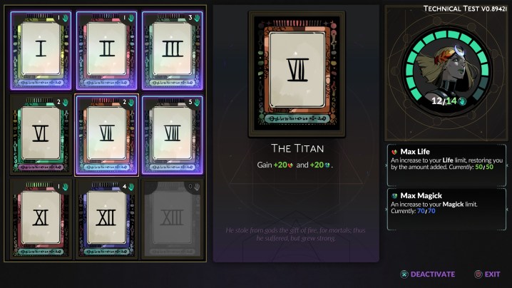The arcana cards menu in Hades 2.
