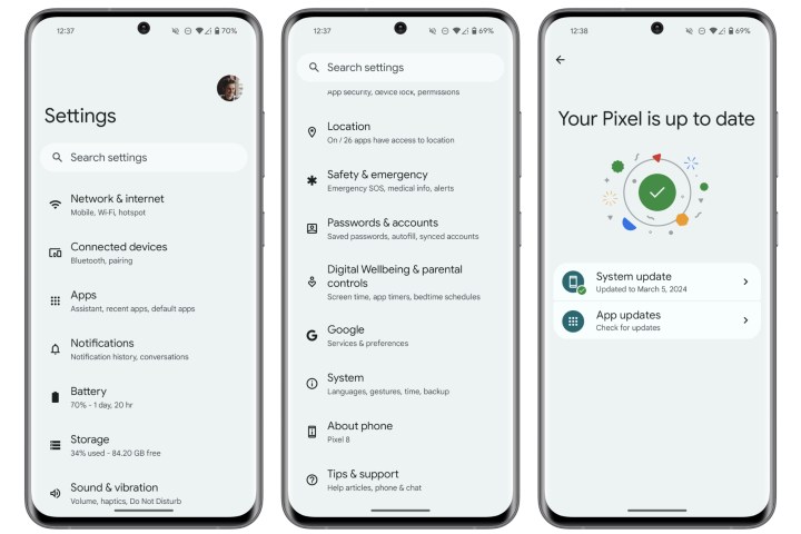 Capturas de pantalla de cómo se navega por la aplicación Configuración en un teléfono Pixel para descargar la versión beta de Android 15.