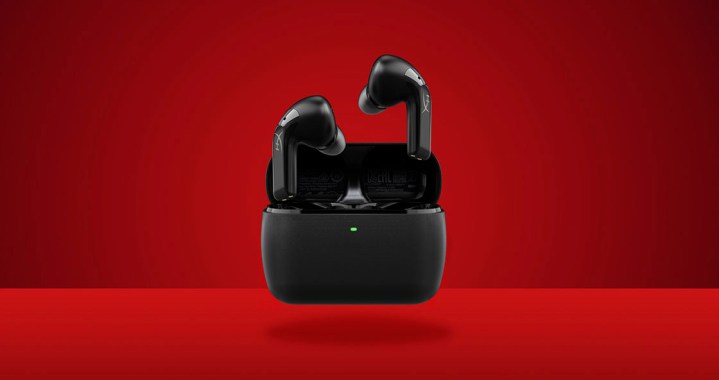The HyperX Cloud Mix Buds 2 true wireless gaming earphones on a red background.