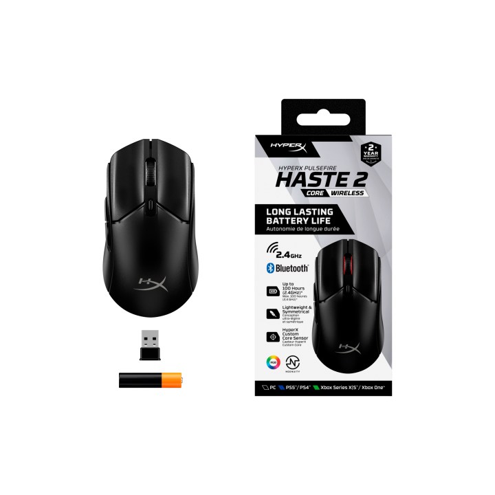 The HyperX Pulsefire Haste 2 Core wireless gaming mouse with box and bundled accessories. 