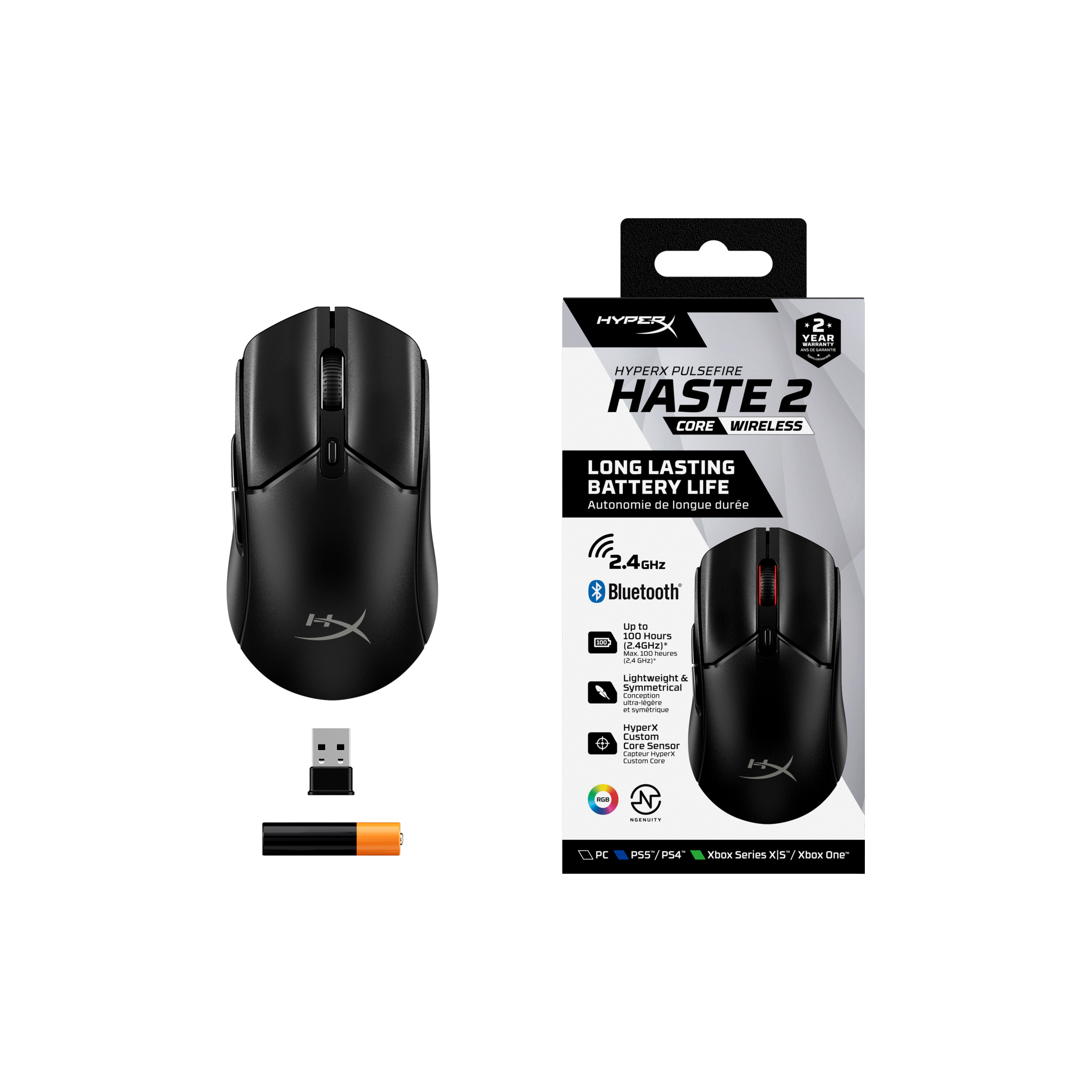 The HyperX Pulsefire Haste 2 Core wireless gaming mouse with box and bundled accessories. 