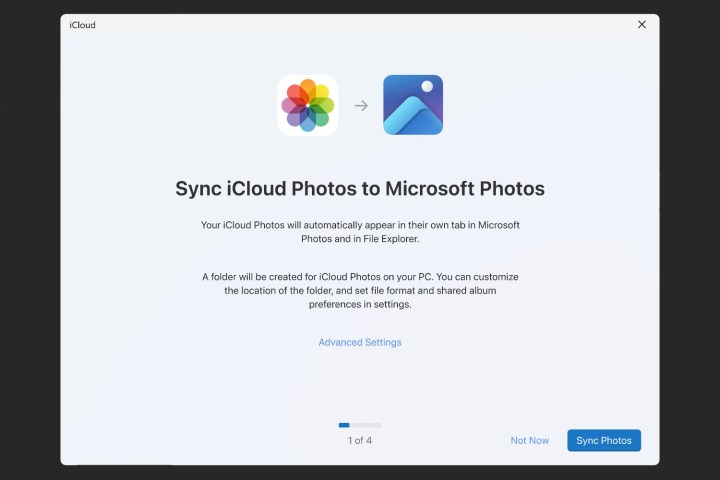 iCloud for Windows setup screen for enabling photo sync.