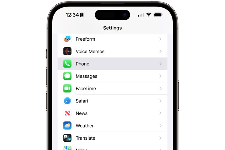 iPhone Settings app with Phone option highlighted.